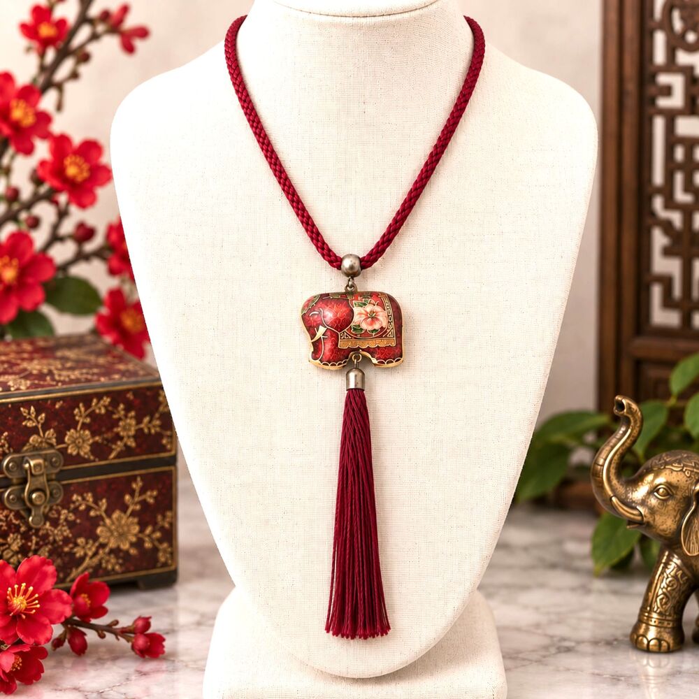 Vintage Red Cloisonné Elephant Tassel Pendant Necklace Boho Asian 28"